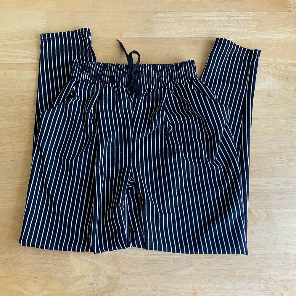 Black White Striped Drawstring Elastic Waist Pants